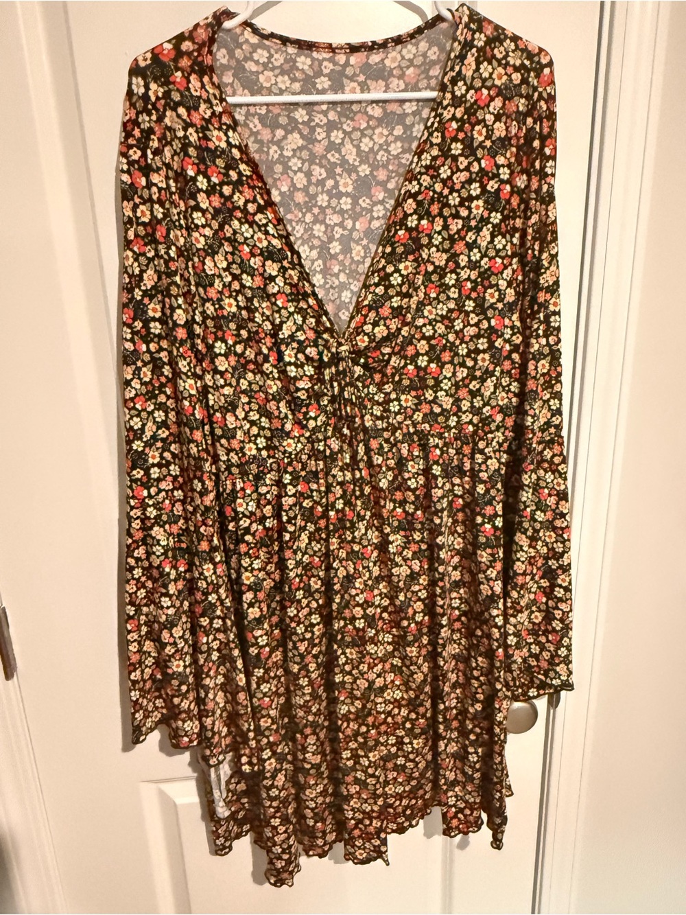 SHEIN Brown Floral Long Sleeve Tie-Front Dress